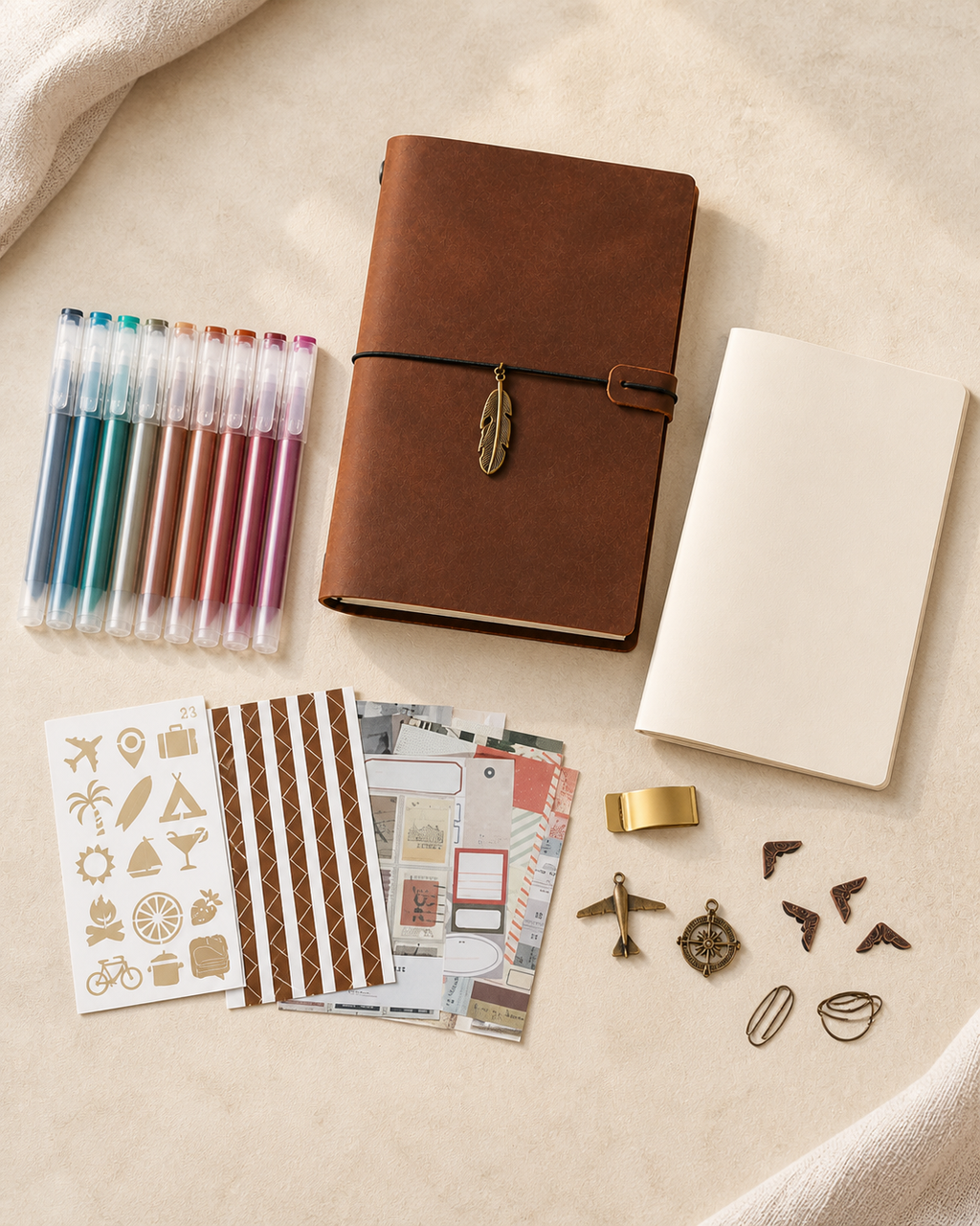 Leather travel journal kit with Morandi pens, refill notebook, and stationery accessories