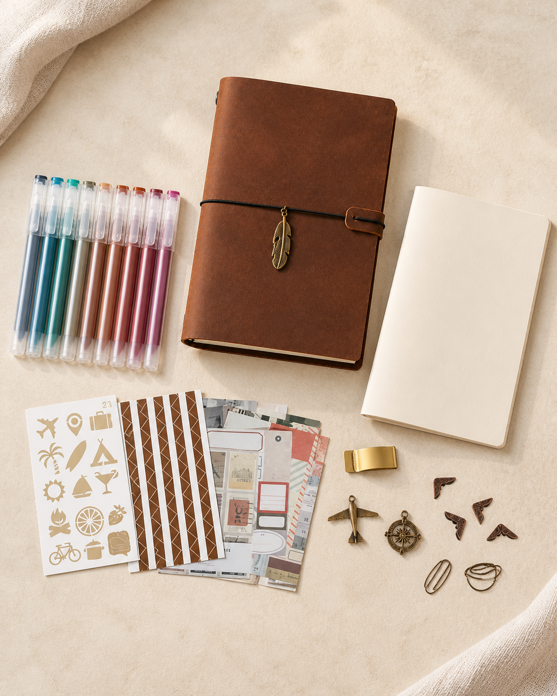 Leather travel journal kit with Morandi pens, refill notebook, and stationery accessories