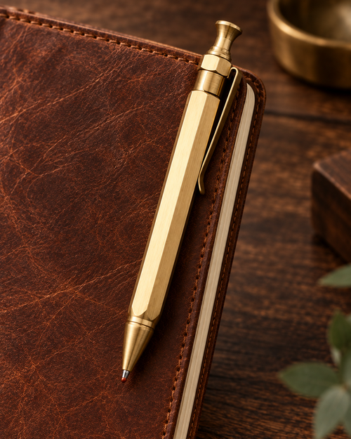 Morrow hexagonal brass click pen detail